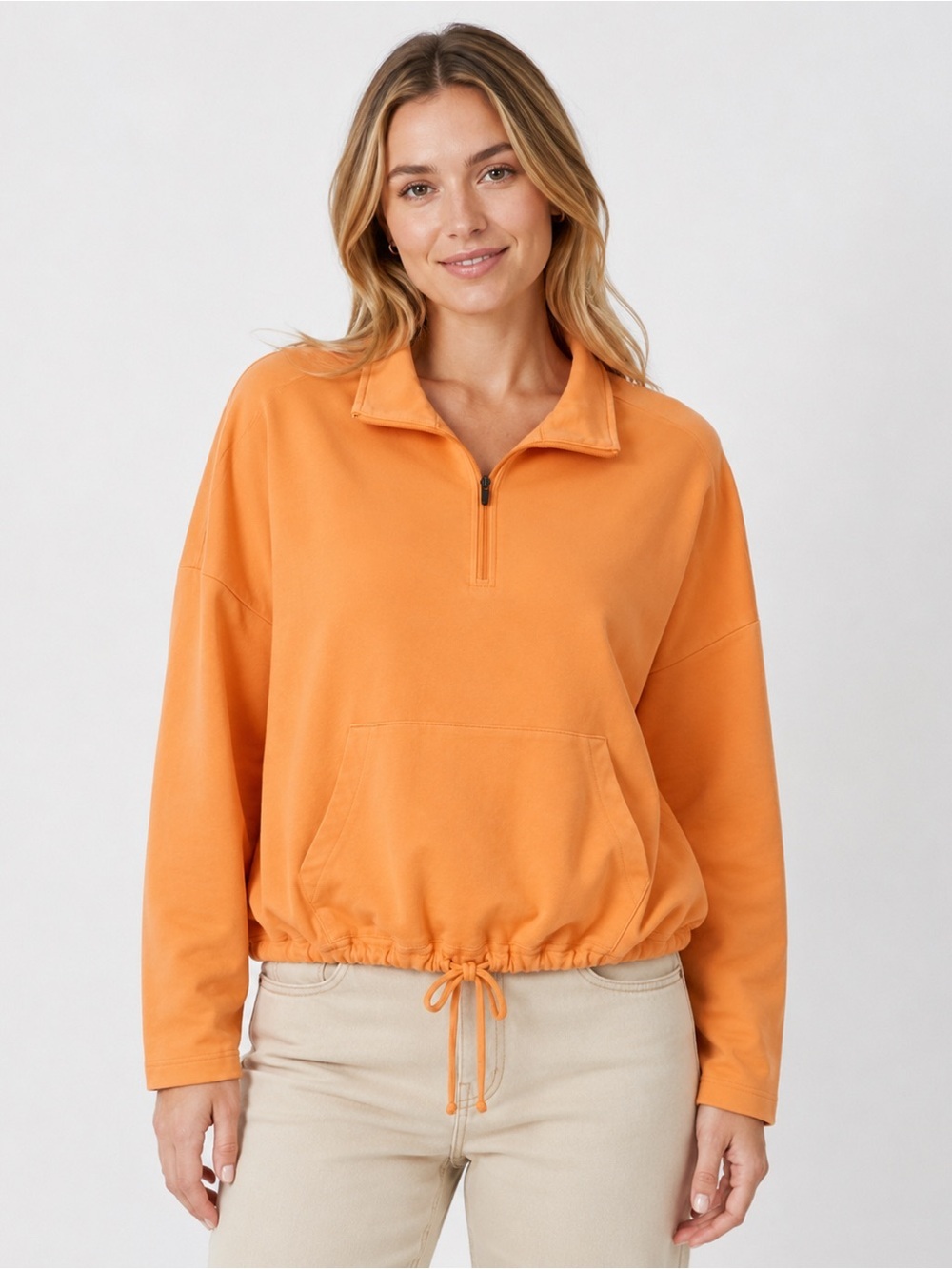 prAna Railay Women’s Large Aura Glow Orange 1/4 Zip Pullover Kangaroo Pocket